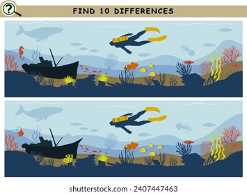  Find 10 differences. Underwater with divers and sunken ship. Logical game for children and adults. Vector illustration.