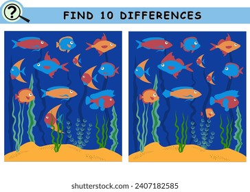 Find 10 differences. Underwater with fish, stones, sea plant, sand. Educational logical game for children. Vector illustration.