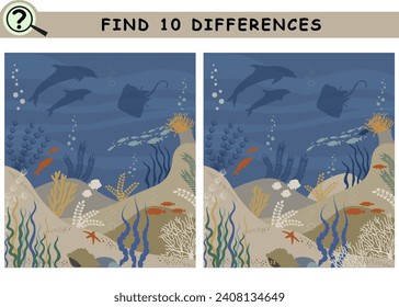 Find 10 differences. Underwater with fish, stones, sea plant, sand.  Logical game for children and adults. Vector illustration.