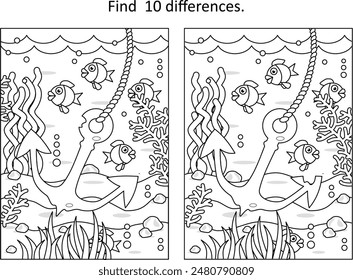 Find 10 differences underwater life scene wiith anchor
