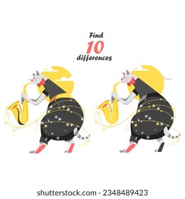find 10 differences. vector illustration for children. development of logic and attention. a cat with a saxophone