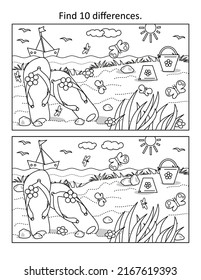 Find 10 differences visual puzzle and coloring page. Summer vacation beach scene with flip-flops, boat, toy buckets. Black and white.
