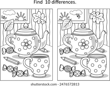 Encuentra 10 diferencias visual rompecabezas y página para colorear con taza, tetera, caramelo
