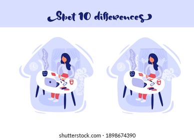 Find 10 differences Woman learn sitting at the table with a laptop at home.