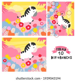 Finden Sie 10 Unterschiede mit einem Zebra im Regenwald. Helle KinderIllustration mit Aktivitäten für Vorschullehrer