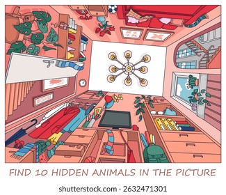 Find 10 hidden animals in the picture. Room from bottom to top. Interior with furniture and home objects. Cozy family room. Linear sketch vector illustration