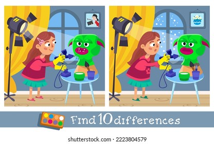 Find 10 hidden differences. Educational game  for kids. Puzzle in cartoon style. Cute girl artist sculpts and paints monster mask for film. Vector illustration.