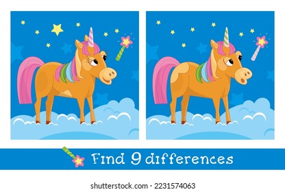 Find 10 hidden differences. Educational game for children. Cartoon style puzzle game. Cute unicorn, horse animal, pony on magic clouds. Vector illustration.