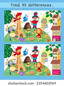 Find 10 hidden differences. Educational puzzle game for children. Group of fans of different nationalities. Vector cartoon scene. Funny people in Paris.  