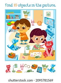 Find 10 hidden items. Educational game for children. Cute little girl near robot cat. Boy and dog. Robotics, cartoon character. Vector illustration.