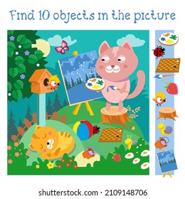 Find 10 hidden objects. Educational game for children. Kitten artist draws landscape. Character in cartoon style on summer background. Vector full color illustration.