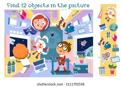 Find 10 hidden objects. Educational game for children. Astronauts at space station. Character in cartoon style on background. Vector full color illustration.