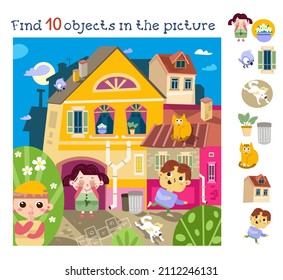 Find 10 hidden objects. Educational game for children. Cute kids play hide and seek. Cartoon character vector illustration.