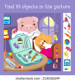 Find 10 hidden objects. Educational game for children. Doctor Pig gives kitten candy. Characters in cartoon style with background. Vector full color illustration.