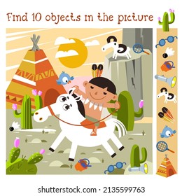 Find 10 hidden objects. Educational game for children. Red Indian boy rides horse. Cartoon characters. Vector illustration. 