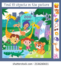 Find 10 hidden objects. Educational game for children. Children in zoo among animals. Сute cartoon character. Vector illustration. 