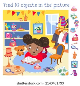 Find 10 hidden objects. Educational game for children. Cute little girl read book in room. Cartoon character. Vector illustration. 