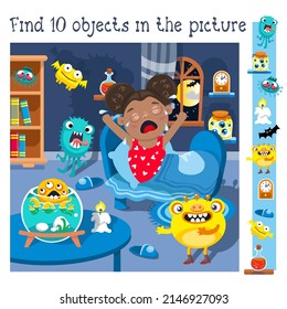 Find 10 hidden objects. Educational game for children. Little girl and funny monsters. Cartoon character. Vector illustration.