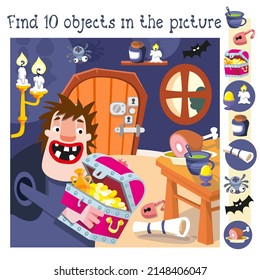 Find 10 Hidden Objects. Educational Game For Children. Funny Giant With Chest And Gold. Character Of Children Fairy Tale. Cartoon Man In Room. Vector Illustration.