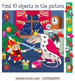 Find 10 hidden objects. Educational game for children. Nutcracker and Mouse King at Christmas night. Cute cartoon characters in room. Activity, vector illustration. 