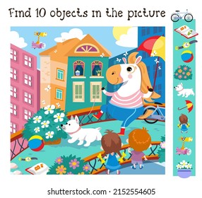 Find 10 hidden objects. Educational game for children. Cartoon cute characters in city. Vector color illustration. Horse with dog.