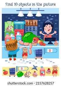 Find 10 hidden objects. Educational game for children. Cartoon characters in market. Vector color illustration. Cute boy and dog buy food in store. 