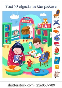 Buscar 10 objetos ocultos. Juego educativo para niños.  Ilustración de color del vector.  Niños guapos leen libros. Caricatura de niña y niño en la habitación con juguetes.