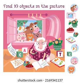 Find 10 Hidden Objects. Educational Game For Children. Cute Sheep In Glasses Writes Letter. Farm Animals Look Into Room. Color Vector Illustration In Cartoon Style. 