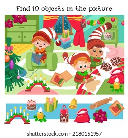 Find 10 hidden objects. Educational game for children. Cute gnomes prepare christmas cookies, cake, knit sock, character in cartoon style. Vector color illustration. 