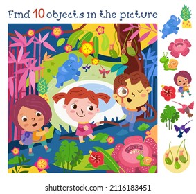 Find 10 hidden objects. Game activity for kids. Children travel through jungle, tropical forest. Funny cartoon character. Vector illustration.