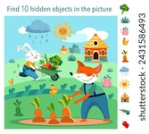 Find 10 hidden objects in picture. Educational game for kids. Cute flat cartoon fox and rabbit with vegetables in wheelbarrow. Farm and garden, plants. Vector flat illustration.