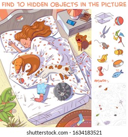 Find 10 hidden objects in the picture. Morning. Girl sleeping with their pets in bed. Puzzle Hidden Items. Funny cartoon character