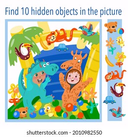 Find 10 hidden objects in picture. Education game in cartoon style. Children on attraction. Vector illustration.