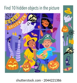 Find 10 hidden objects in the picture. Happy Halloween. Girl and boy eating sweets in room with pumpkins. Puzzle game with hidden elements. Vector illustration.