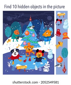 Find 10 hidden objects in picture. Cheerful funny dogs animals ​in forest ​on ice rink. Christmas, New Year tree. Puzzle game with hidden elements. Vector illustration.