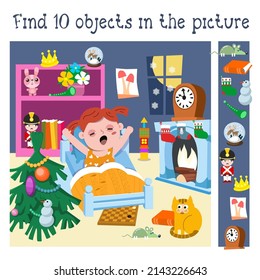 Find 10 hidden objects in picture. Christmas night with cute girl in room. Educational game for children. Activity, vector illustration.