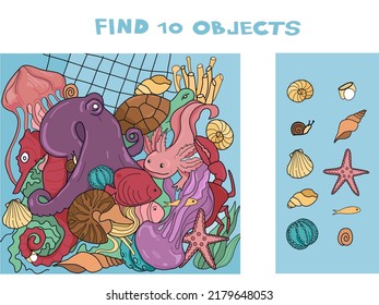 Find 10 Hidden Objects In The Picture. Puzzle. Hidden Objects. Vector Illustration Of Sea Animals.