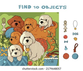 Find 10 hidden objects in the picture. Puzzle. Hidden objects. Vector illustration of cute dogs.