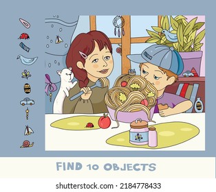  Find 10 hidden objects in the picture. Puzzle.   Vector illustration.Children.