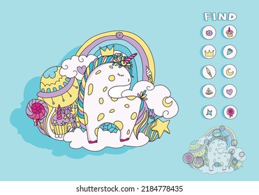 Find 10 hidden objects in the picture. Puzzle. Hidden objects. Vector illustration of a fabulous unicorn.