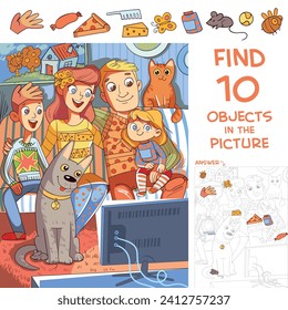 Find 10 hidden objects in picture. Family watches TV together. Home entertainment. Puzzle Hidden Items. Colorful cartoon character. Funny vector illustration