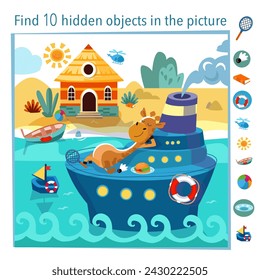 Find 10 hidden objects in picture. Educational game for kids. Giraffe on ship in summer. Vector illustration, full color.