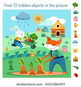 Find 10 hidden objects in picture. Educational game for kids. Cute flat cartoon fox and rabbit with vegetables in wheelbarrow. Farm and garden, plants. Vector flat illustration.