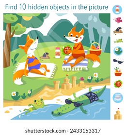 Find 10 hidden objects in picture. Educational game for kids. Cartoon foxes in swimming costume on beach in summer. Cute characters in flat style. Vector illustration. Scene for design.