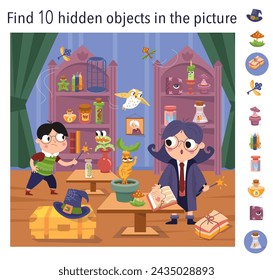 Find 10 hidden objects in picture. Educational game for kids. Cute girl witch and boy with magic wand in wizard school. Interior with objects. Vector illustration