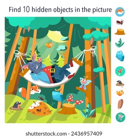 Find 10 hidden objects in picture. Educational game for kids. Cartoon wild boar on hammock in forest. Cute animal characters in flat style. Vector flat illustration on background. Scene for design