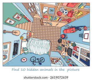 Find 10  hidden objects in the picture. Interior of teenager’s room from above with furniture and home objects. Cozy children room. Linear sketch vector illustration
