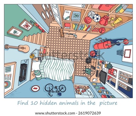Find 10  hidden objects in the picture. Interior of teenager’s room from above with furniture and home objects. Cozy children room. Linear sketch vector illustration
