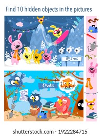 Find 10 Hidden Objects In Pictures. Education Game For Children. Animals In Forest In Winter, Summer. Vector Illustrations, Full Color. 