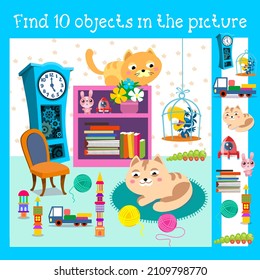 Find 10 Objects. Game For Children. Kittens And Balls Of Thread In Room. Characters In Cartoon Style With Background. Vector Full Color Illustration.